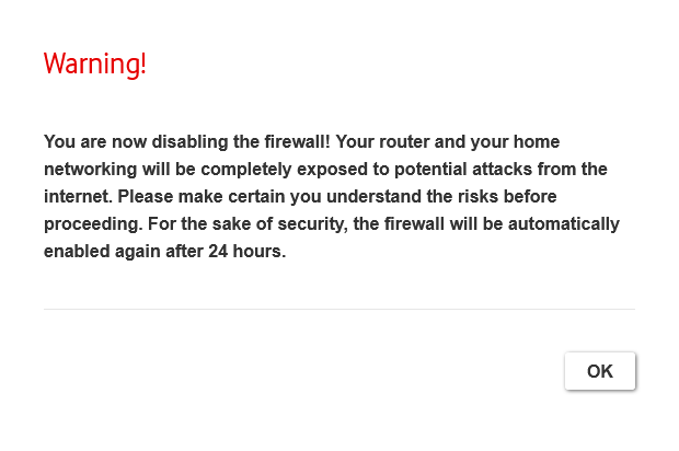 I hate my router: The warning it shows when deactivating the firewall