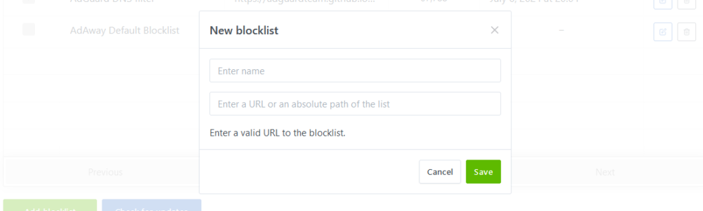 A prompt where a custom blocklist can be supplied with an URL