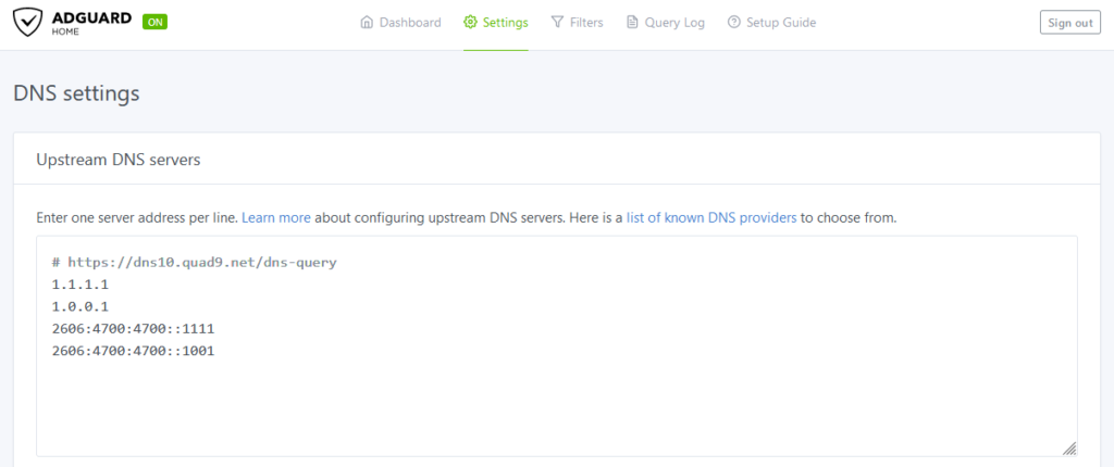 Upstream DNS settings in AGH, with four entries of Cloudflare DNS