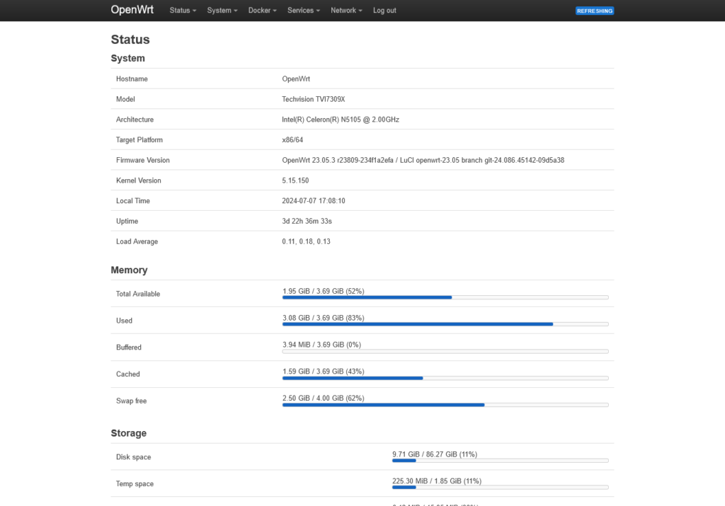 LuCI screenshot, status dashboard