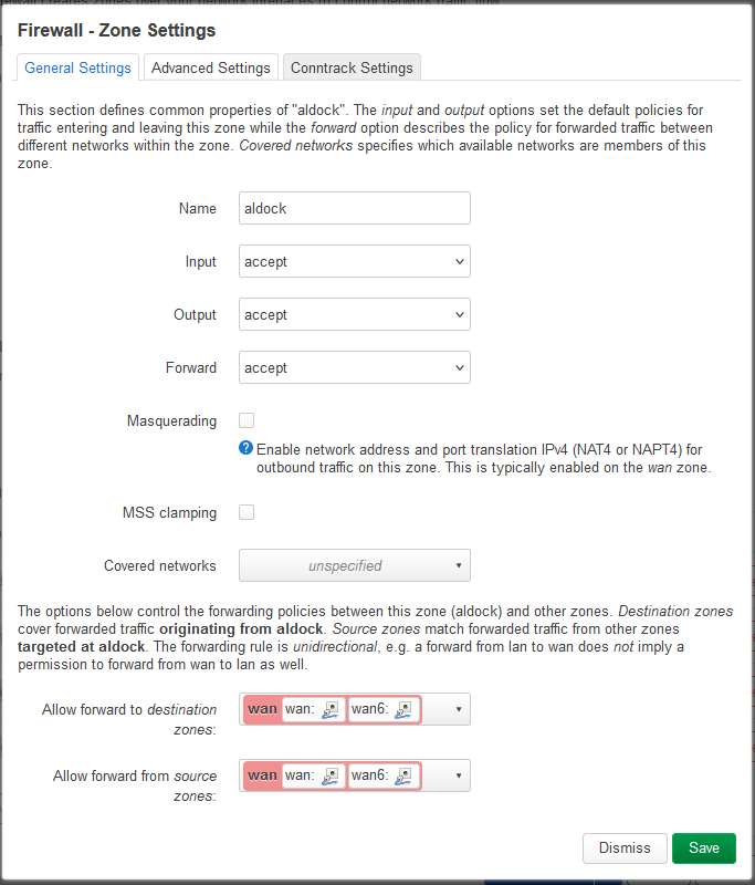 Firewall settings for aldock: Allow forward from and to WAN