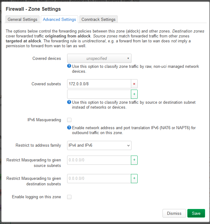 Firewall settings for aldock: Covered subnets set to 172.0.0.0/8