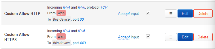 Two custom rules to allow port 80 and 443 on WAN zone