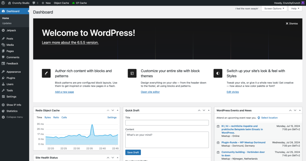 WordPress management UI dashboard page