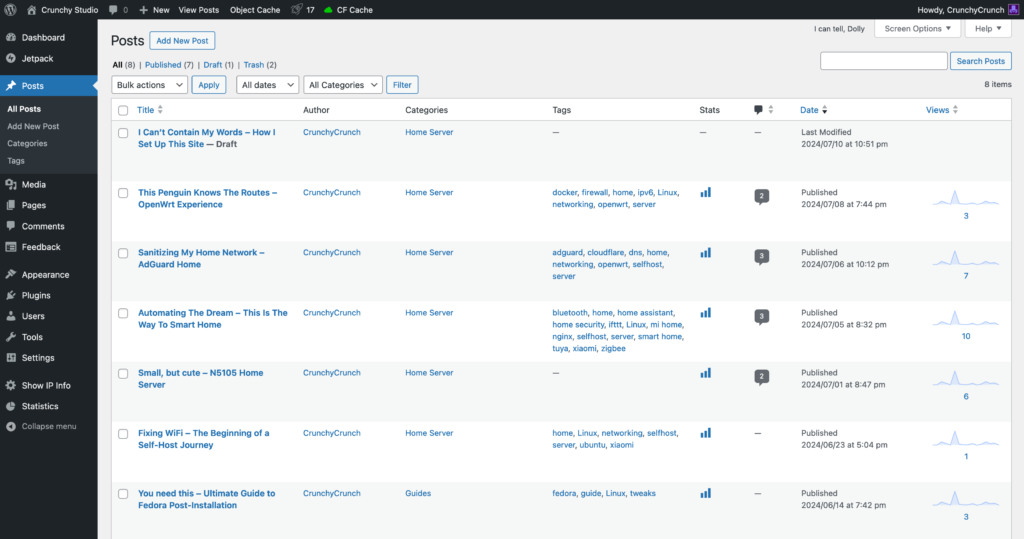 WordPress management UI posts page