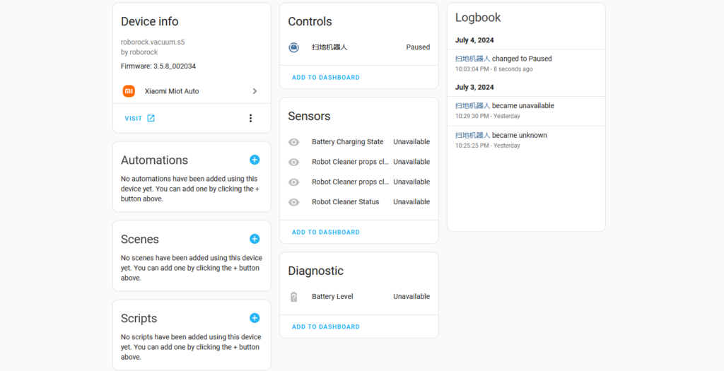 Device info page of the Roborock vacuum