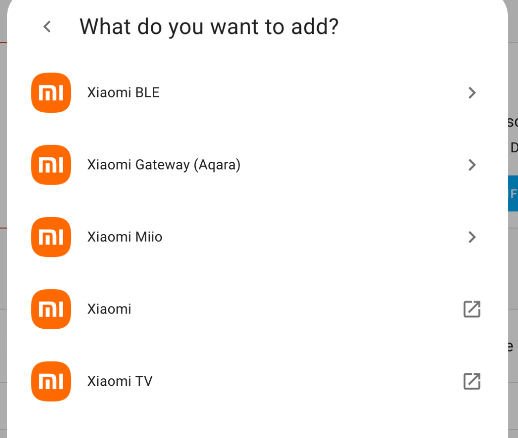 Home Assistant screenshot showing the five built-in Xiaomi integrations: Xiaomi BLE, Xiaomi Gateway (Aqara), Xiaomi Miio, Xiaomi and Xiaomi TV